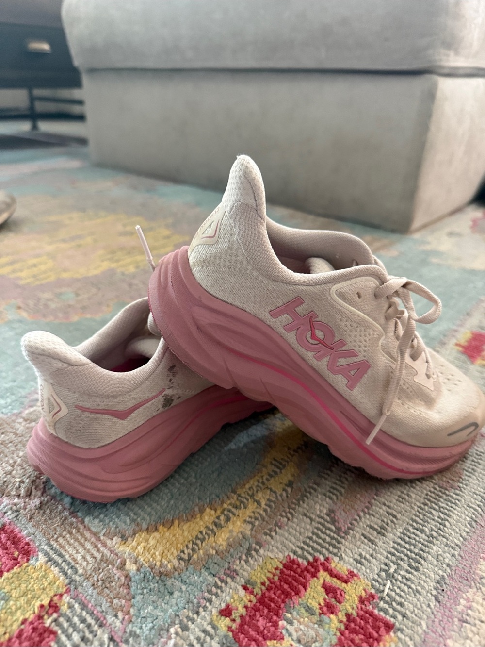 HOKA CLIFTON 10 Cream and Pink Cushioned Running Shoes